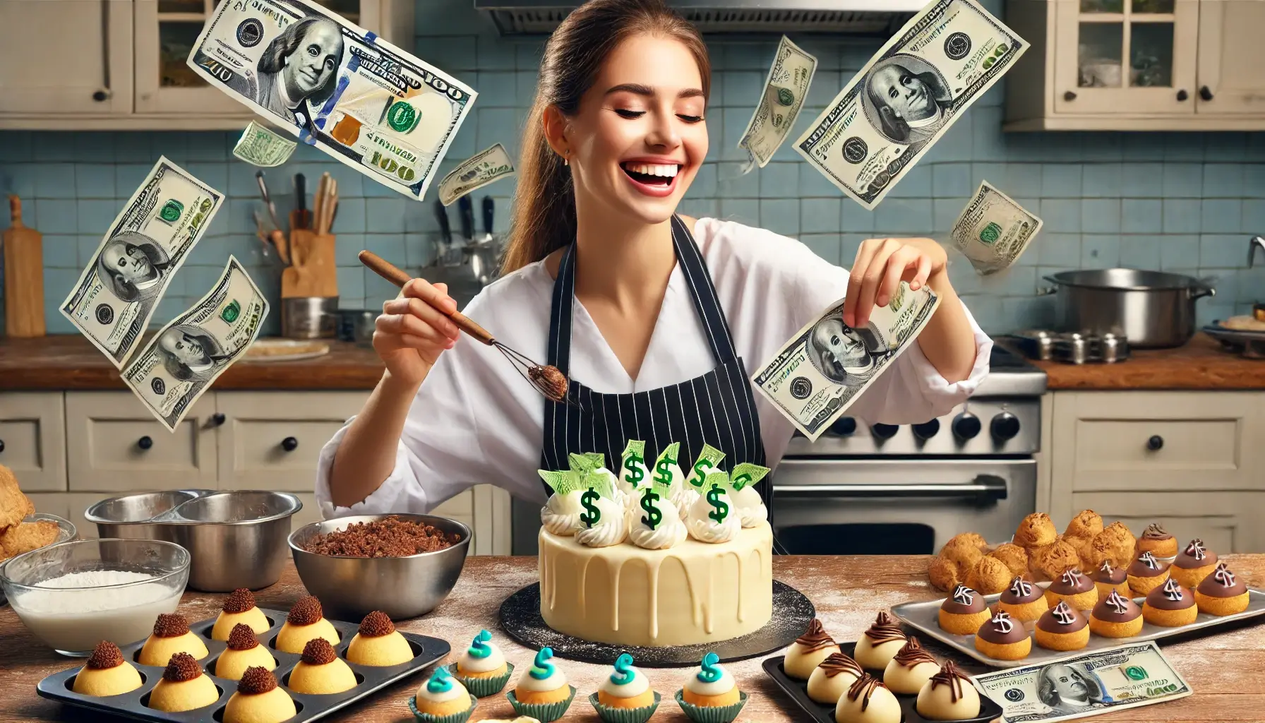 DALL·E 2024-08-10 14.24.46 - A highly realistic, high-definition (4k) image of a professional female baker in her kitchen, joyfully creating various desserts. She is working on ca (1)